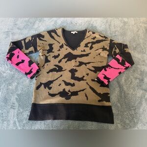 Lisa Todd V-Neck Cotton Cashmere Sweater Size S Abstract Print Black Green Pink